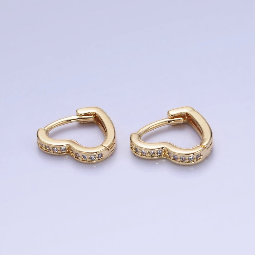 14K Gold plated 15mm, 14mm Micro Paved CZ Heart Huggie Earrings in Gold & Silver | AB1355 - AB1357 - DLUXCA