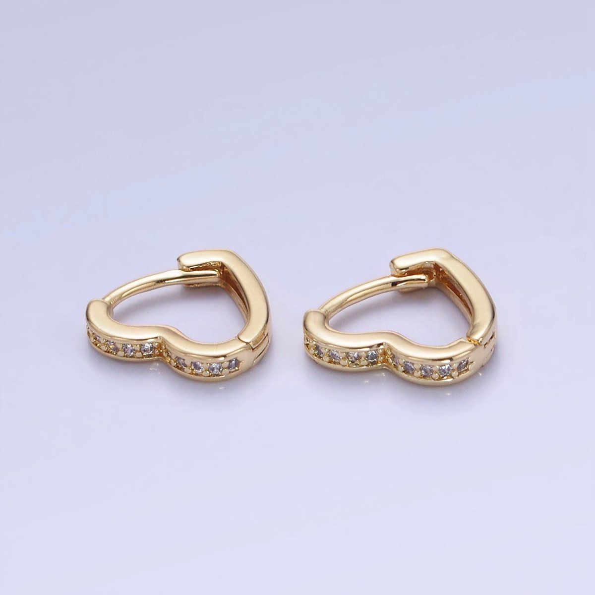 14K Gold plated 15mm, 14mm Micro Paved CZ Heart Huggie Earrings in Gold & Silver | AB1355 - AB1357 - DLUXCA