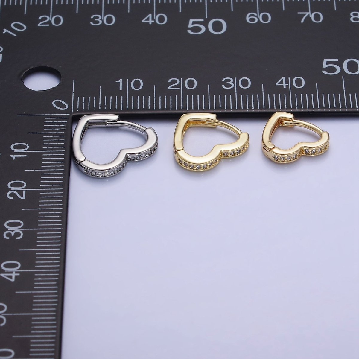 14K Gold plated 15mm, 14mm Micro Paved CZ Heart Huggie Earrings in Gold & Silver | AB1355 - AB1357 - DLUXCA