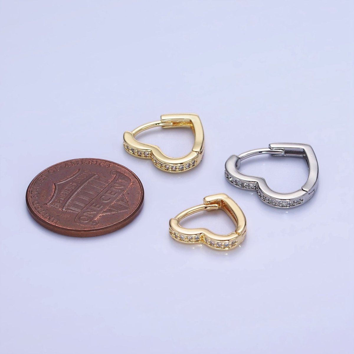 14K Gold plated 15mm, 14mm Micro Paved CZ Heart Huggie Earrings in Gold & Silver | AB1355 - AB1357 - DLUXCA