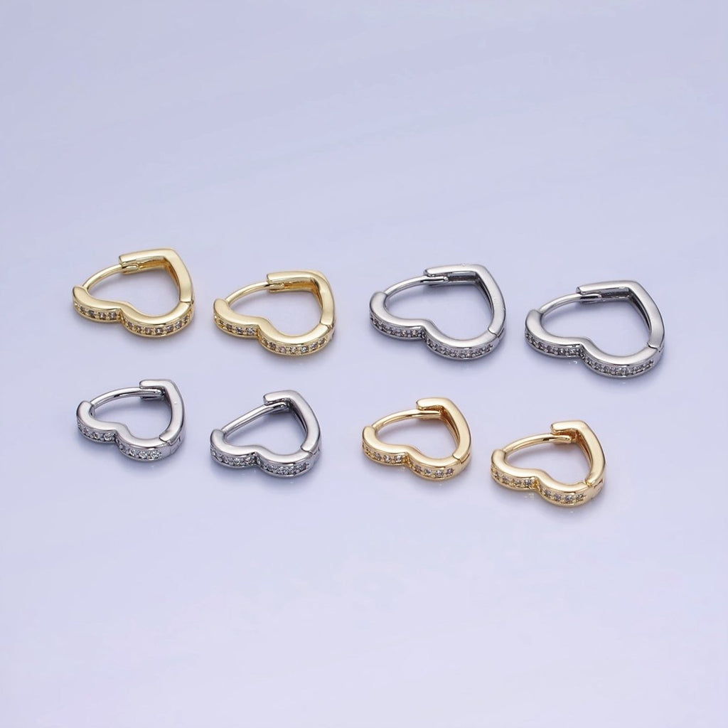 14K Gold plated 15mm, 14mm Micro Paved CZ Heart Huggie Earrings in Gold & Silver | AB1355 - AB1357 - DLUXCA