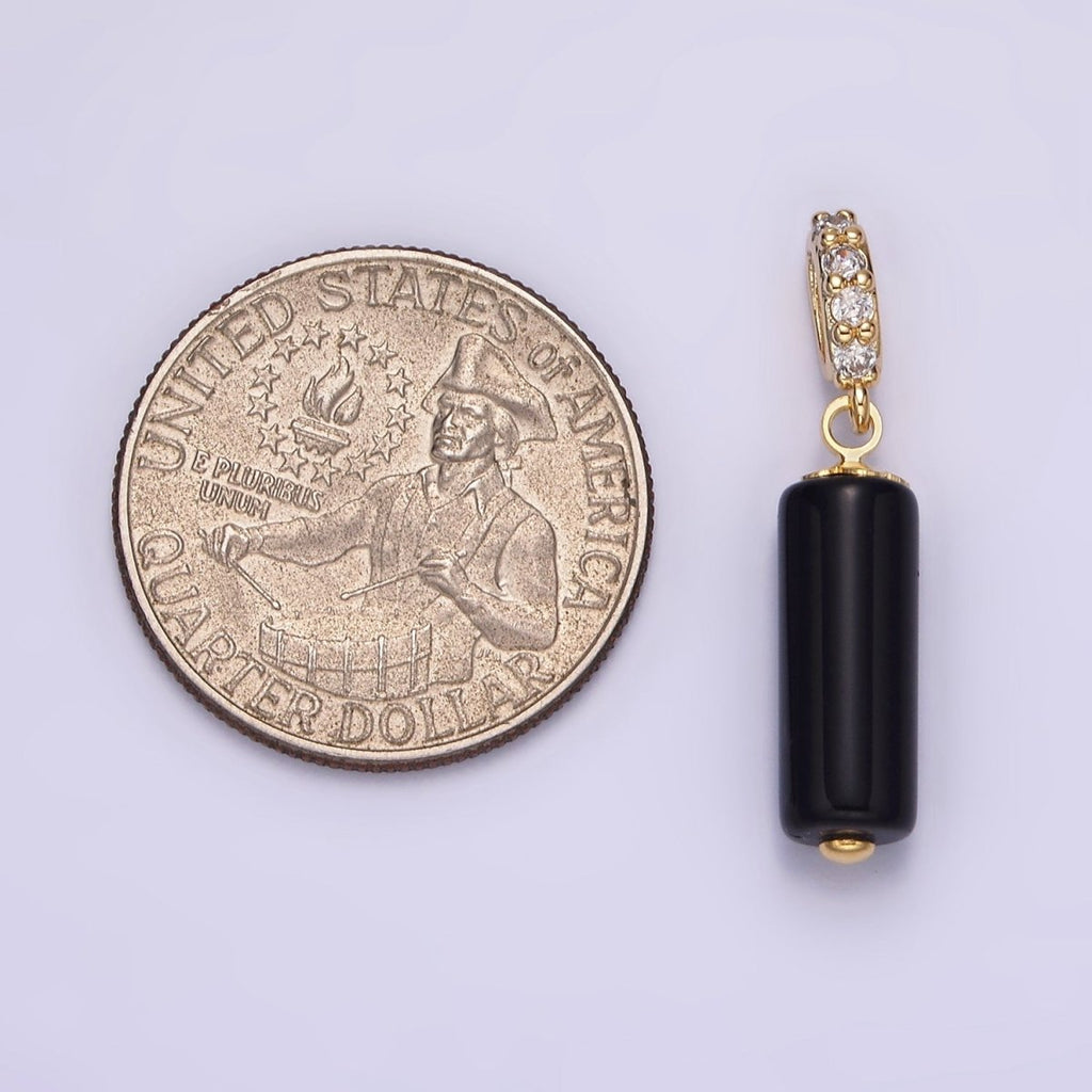 14K Gold plated 15mm Black Onyx Gemstone Tube Clear Micro Paved CZ Bail Pendant | N1866 - DLUXCA