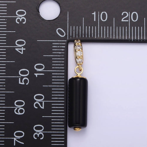 14K Gold plated 15mm Black Onyx Gemstone Tube Clear Micro Paved CZ Bail Pendant | N1866 - DLUXCA
