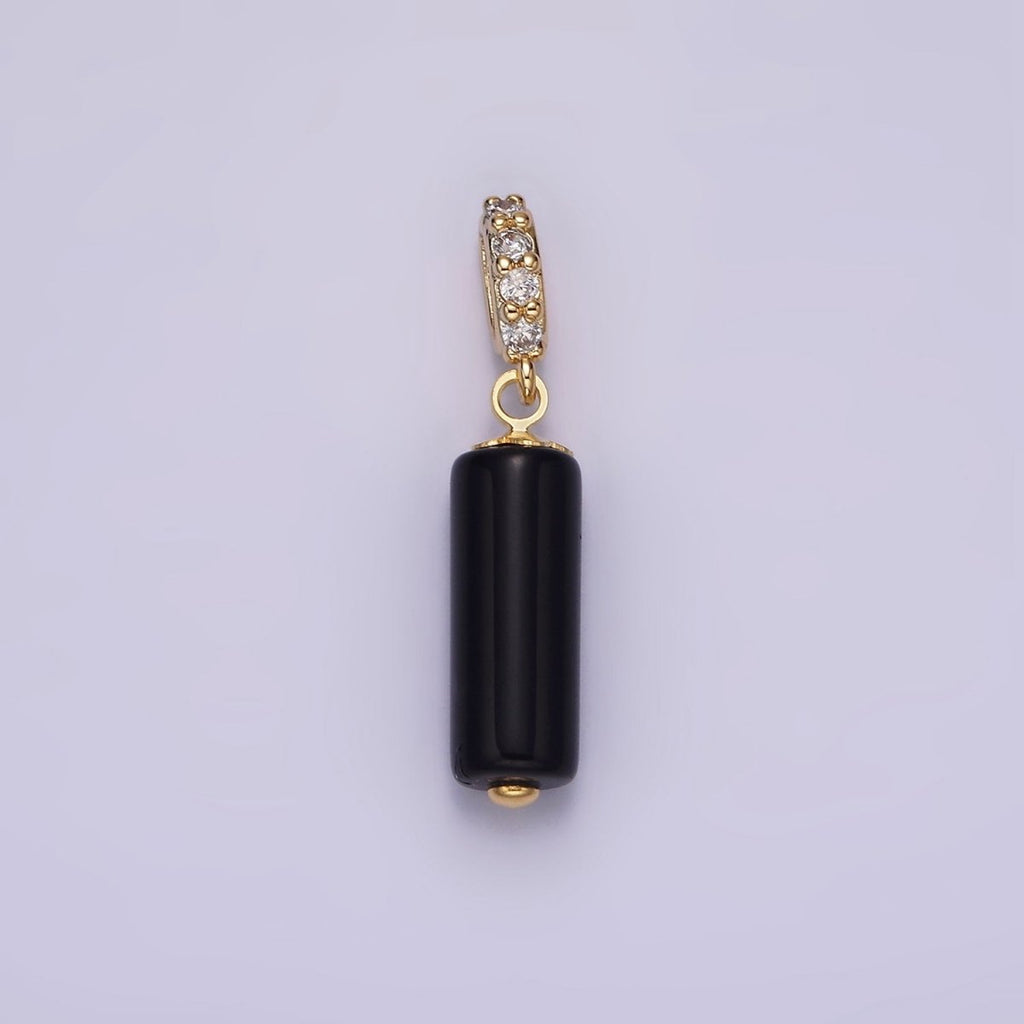 14K Gold plated 15mm Black Onyx Gemstone Tube Clear Micro Paved CZ Bail Pendant | N1866 - DLUXCA
