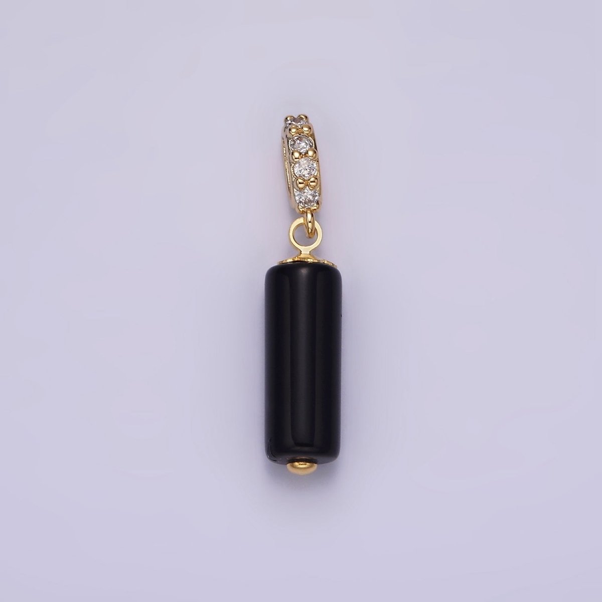 14K Gold plated 15mm Black Onyx Gemstone Tube Clear Micro Paved CZ Bail Pendant | N1866 - DLUXCA