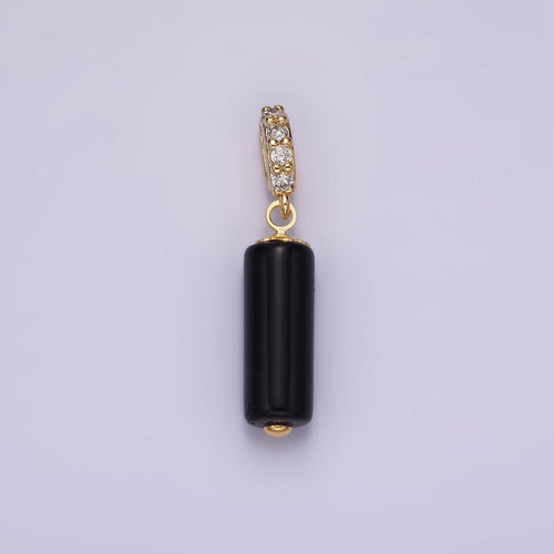 14K Gold plated 15mm Black Onyx Gemstone Tube Clear Micro Paved CZ Bail Pendant | N1866 - DLUXCA