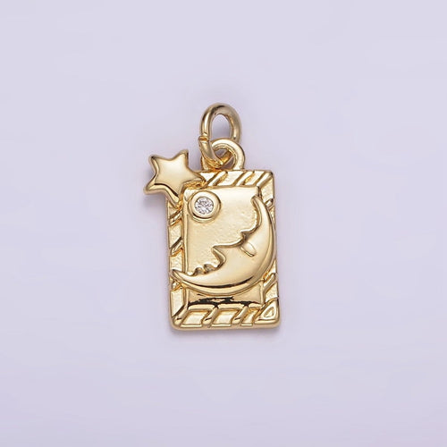 14K Gold plated 15mm Celestial Star Crescent Moon Face Bar CZ Tag Charm | AG598 - DLUXCA
