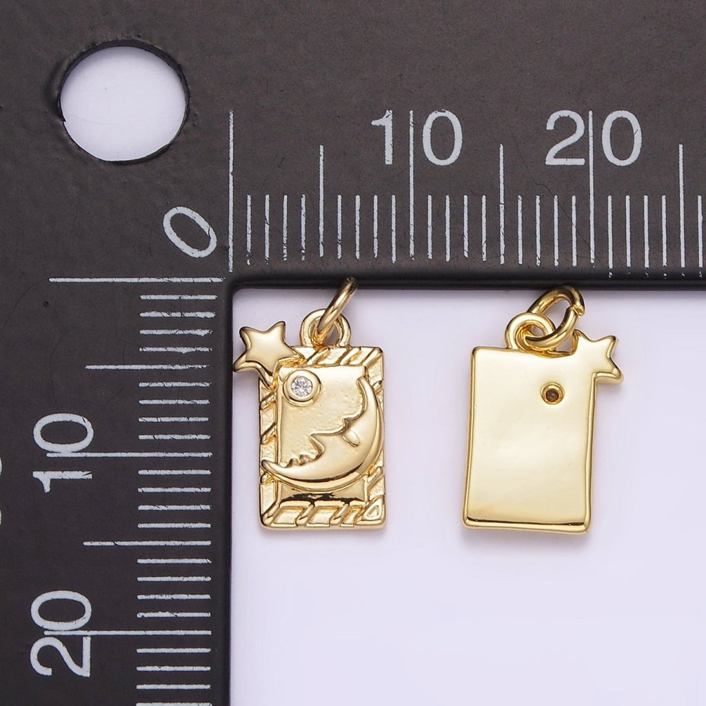 14K Gold plated 15mm Celestial Star Crescent Moon Face Bar CZ Tag Charm | AG598 - DLUXCA