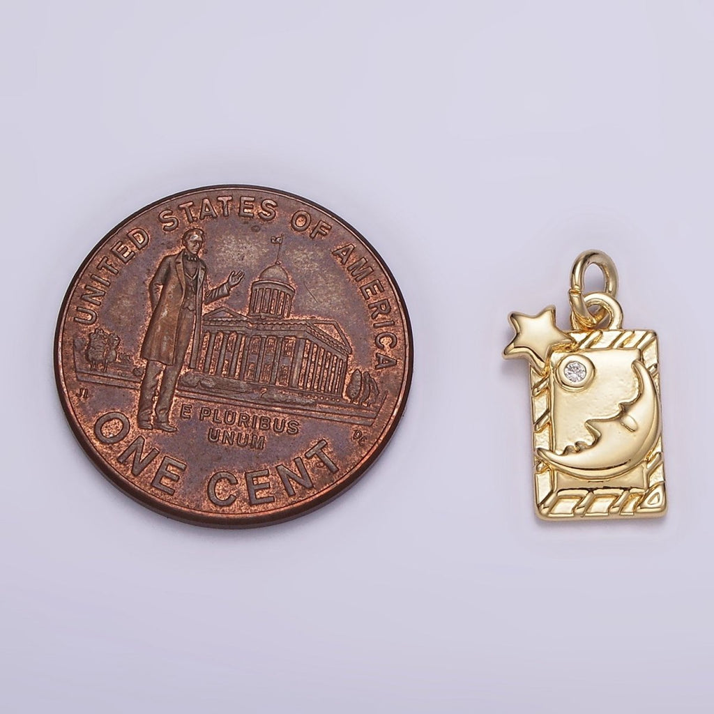 14K Gold plated 15mm Celestial Star Crescent Moon Face Bar CZ Tag Charm | AG598 - DLUXCA