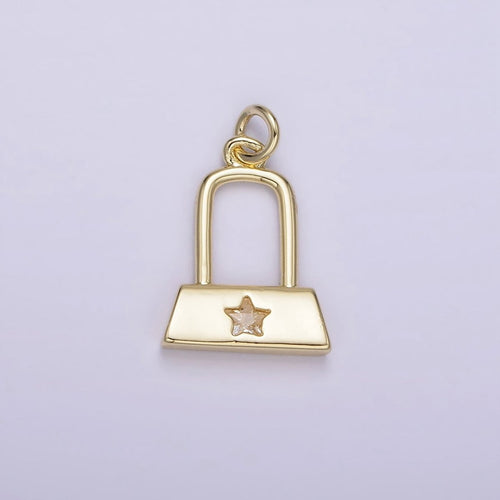 14K Gold plated 15mm Celestial Star CZ Rectangular Lock Charm | AG209 - DLUXCA