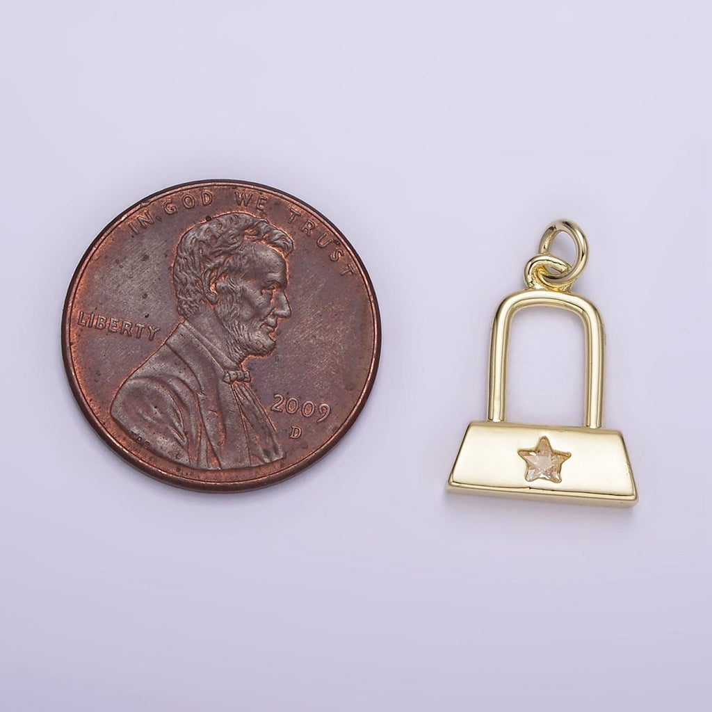 14K Gold plated 15mm Celestial Star CZ Rectangular Lock Charm | AG209 - DLUXCA