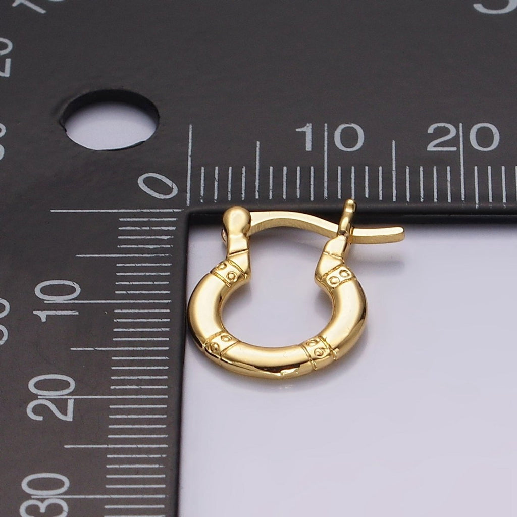 14K Gold plated 15mm Dotted Lined Round French Lock Latch Hoop Earrings | AE967 - DLUXCA