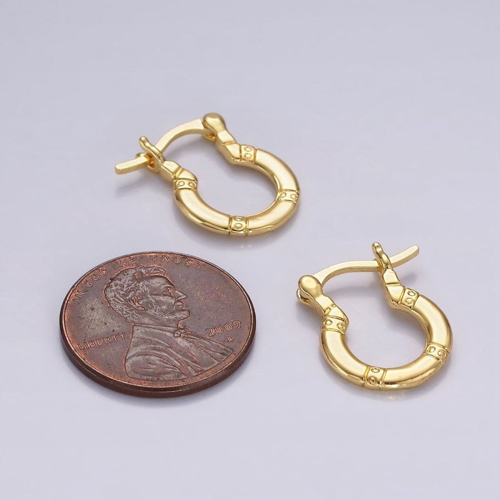 14K Gold plated 15mm Dotted Lined Round French Lock Latch Hoop Earrings | AE967 - DLUXCA