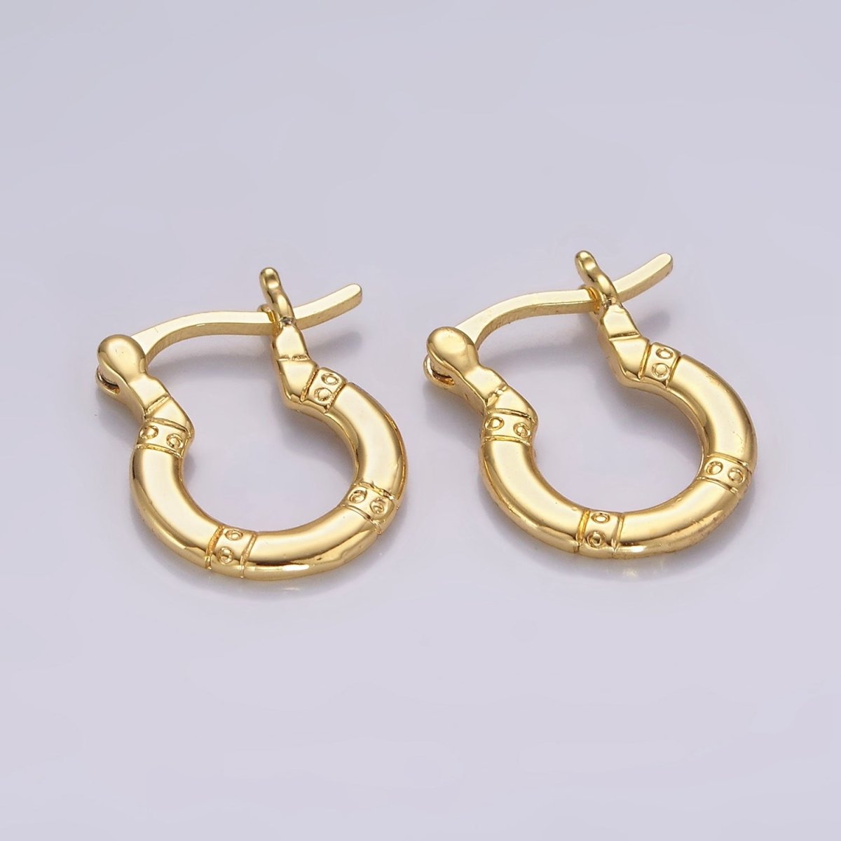 14K Gold plated 15mm Dotted Lined Round French Lock Latch Hoop Earrings | AE967 - DLUXCA