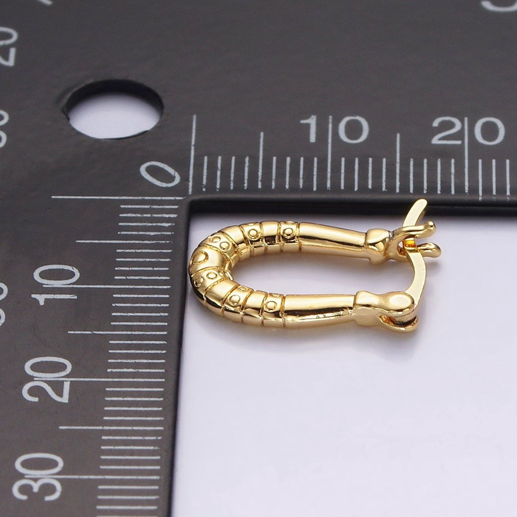14K Gold plated 15mm Dotted Lined U-Shaped French Lock Latch Hoop Earrings | AE962 - DLUXCA