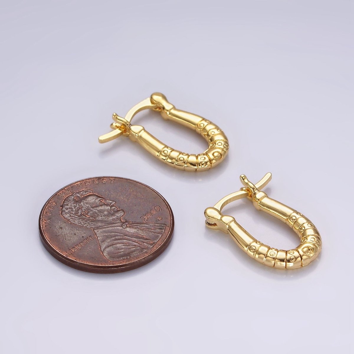 14K Gold plated 15mm Dotted Lined U-Shaped French Lock Latch Hoop Earrings | AE962 - DLUXCA