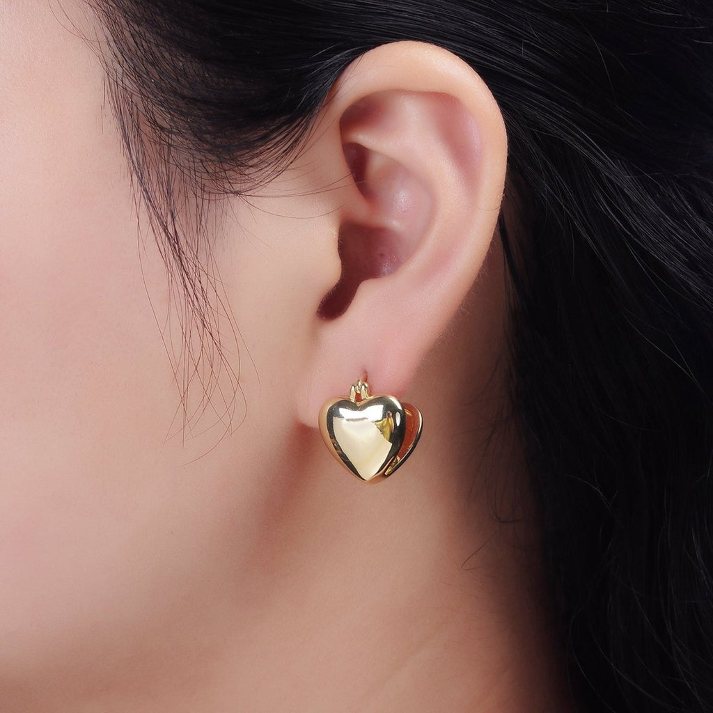 14K Gold plated 15mm Heart Double Sided Modern Statement Latch Hoop Earrings | V059 - DLUXCA