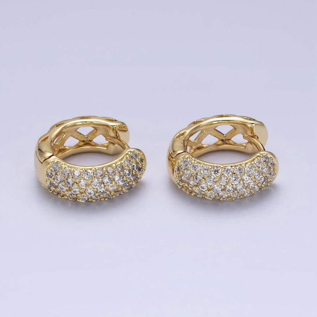 14K Gold plated 15mm Micro Paved CZ Rhombus Filigree Huggie Earrings | AD1527 - DLUXCA