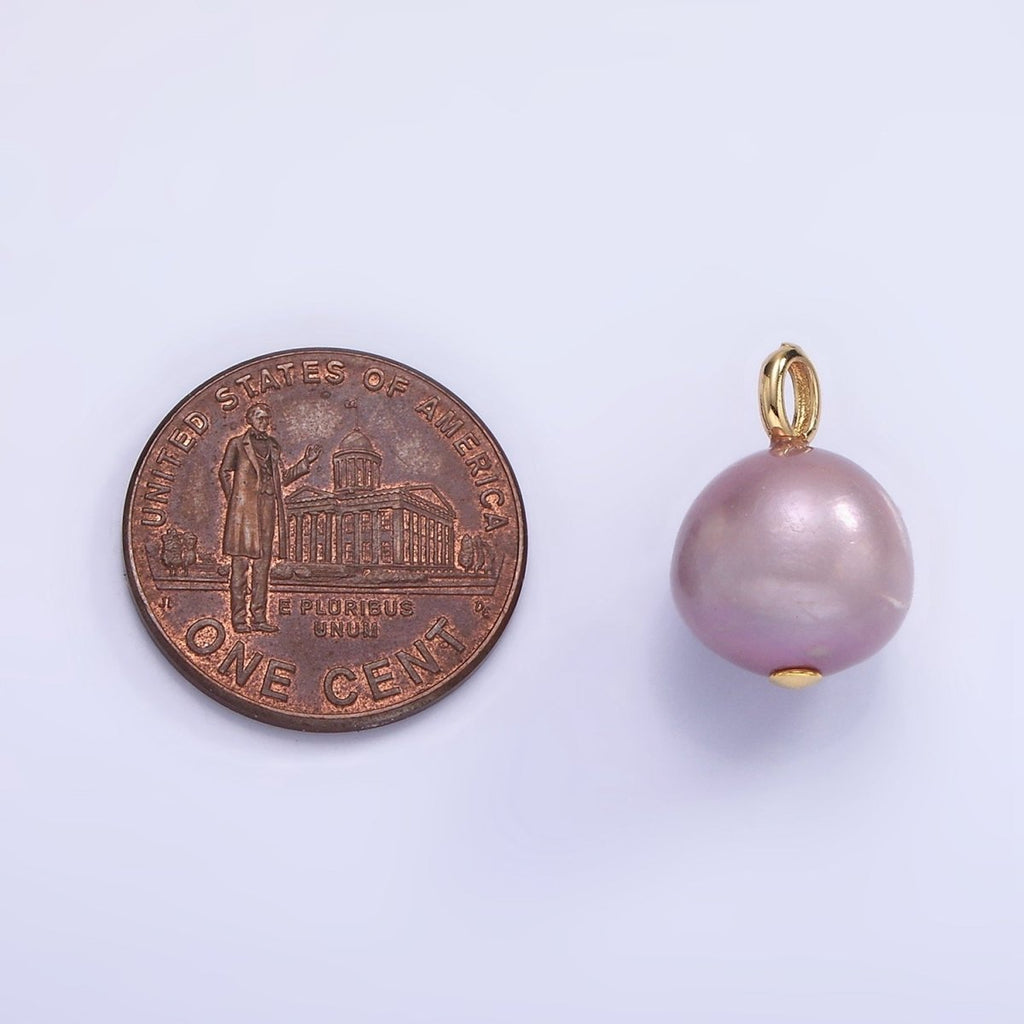 14K Gold plated 15mm Purple Freshwater Pearl Button Drop Pendant | P1687 - DLUXCA
