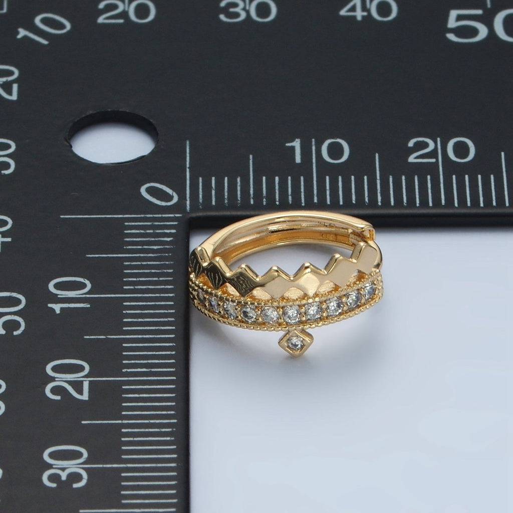 14K Gold plated 15mm Rhombus Micro Paved CZ Huggie Earrings in Gold & Silver | AD627 AD628