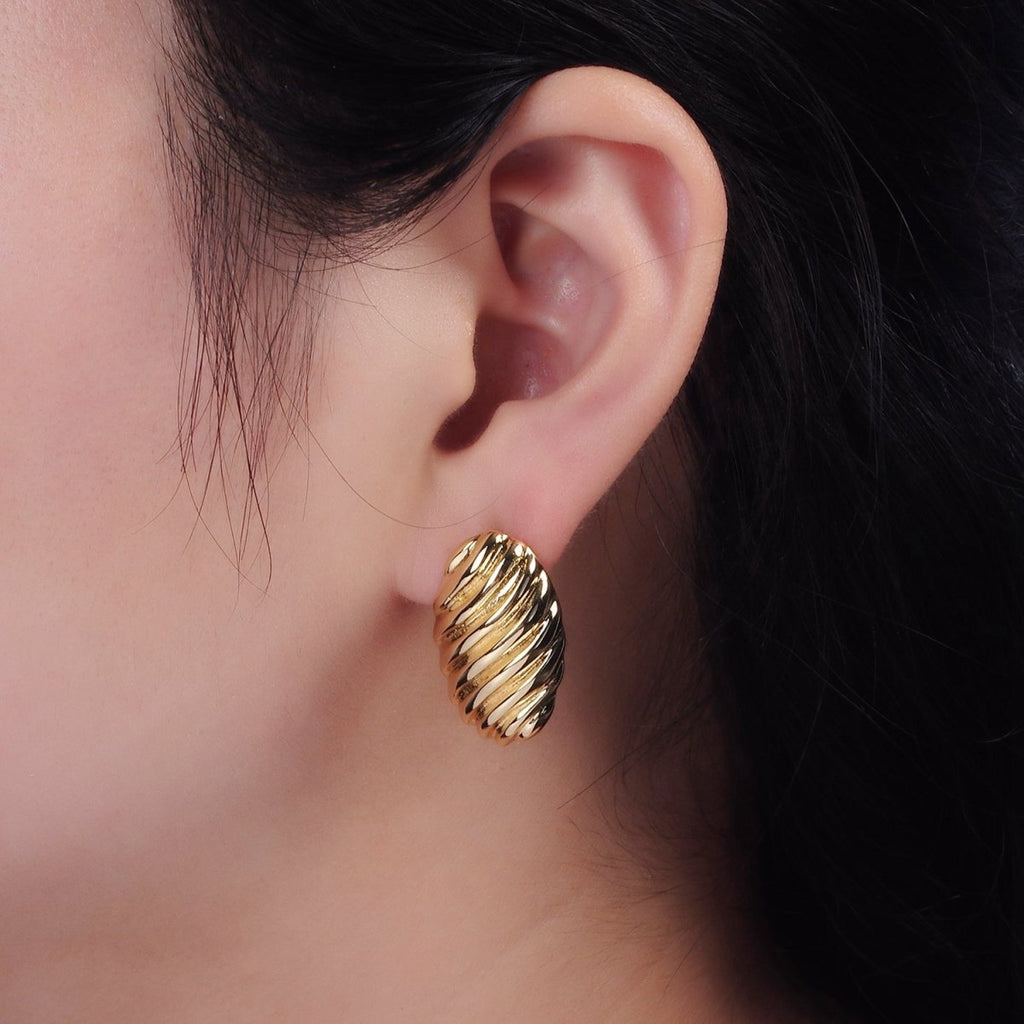 14K Gold plated 15mm Twisted Croissant Oval Dome Stud Earrings | AE359 - DLUXCA