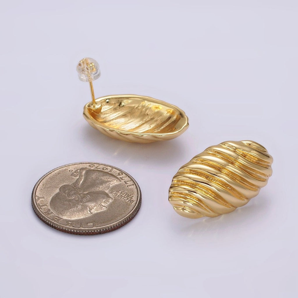 14K Gold plated 15mm Twisted Croissant Oval Dome Stud Earrings | AE359 - DLUXCA
