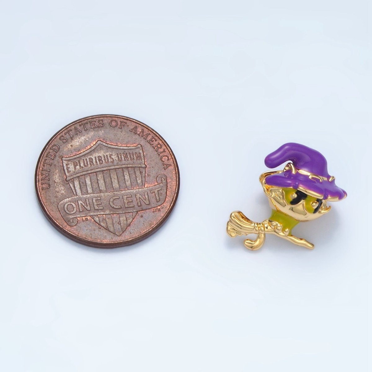 14K Gold plated 15mm Witch Kitten Cat on Broomstick Enamel Bead | B615 - DLUXCA