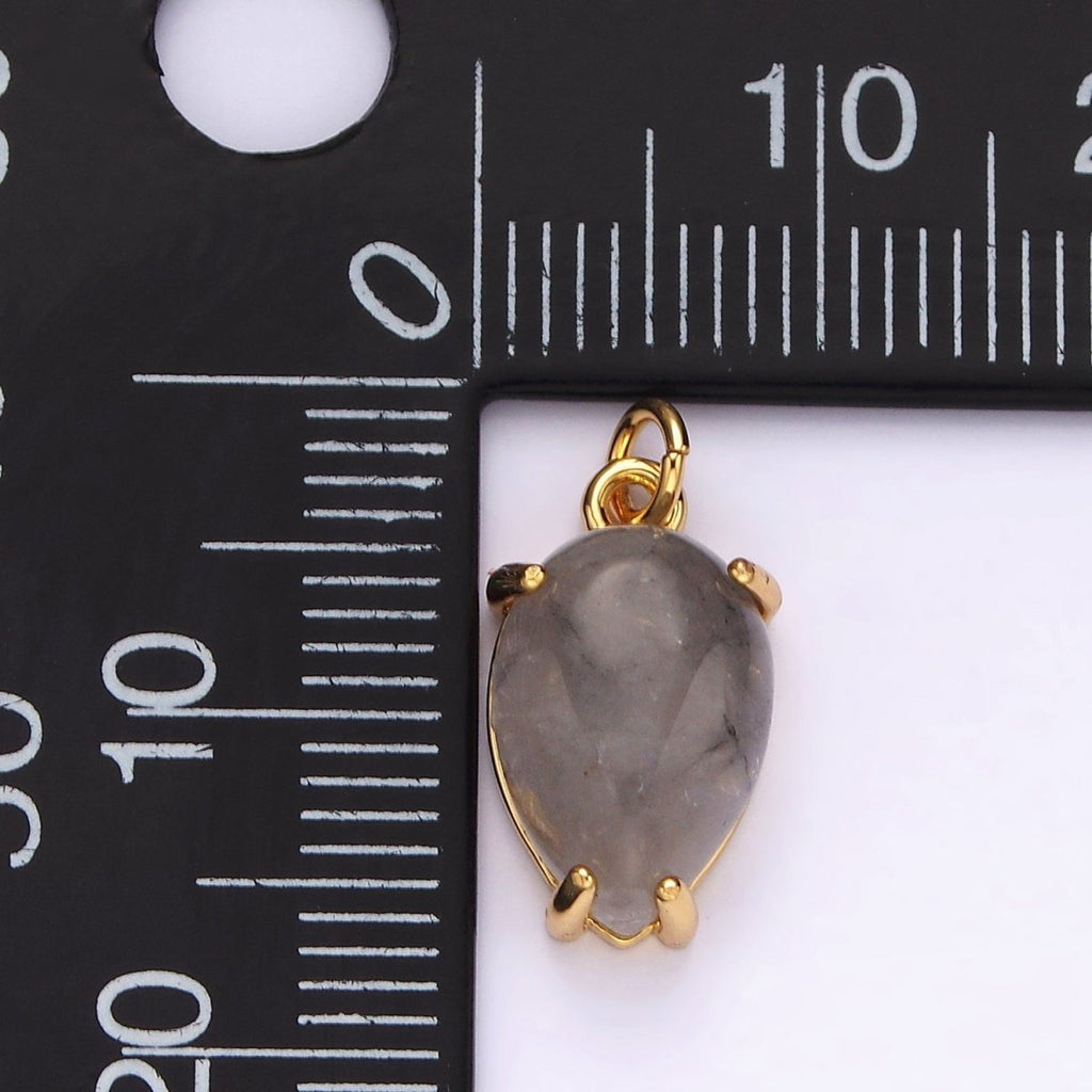 14K Gold plated 16.5mm Teardrop Grey Agate Gemstone Charm | AC786 - DLUXCA