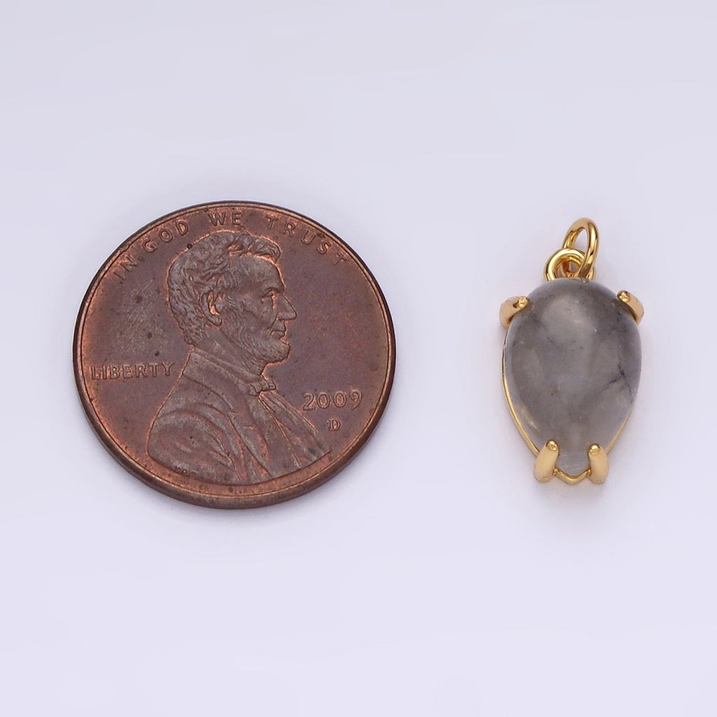 14K Gold plated 16.5mm Teardrop Grey Agate Gemstone Charm | AC786 - DLUXCA