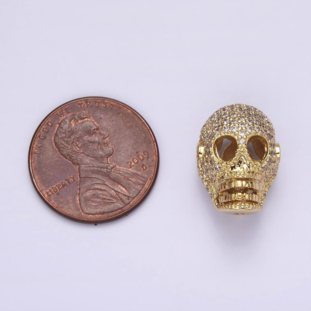 14K Gold plated 16mm Clear Micro Paved CZ Skeleton Skull Mask Bead in Gold & Silver | B-849 B-850 - DLUXCA