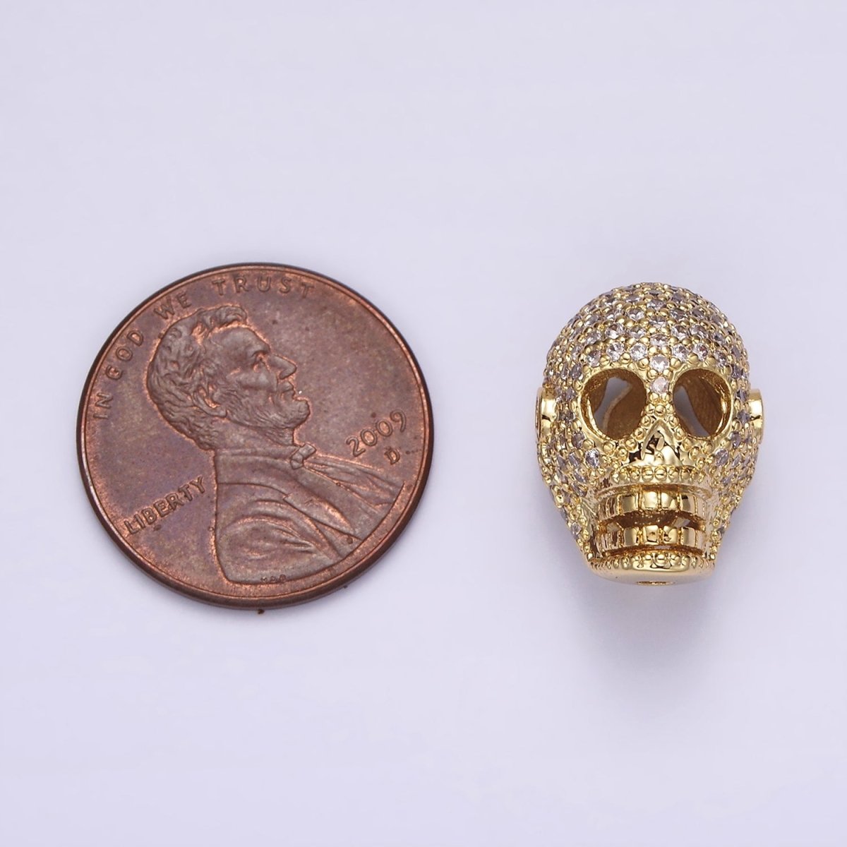 14K Gold plated 16mm Clear Micro Paved CZ Skeleton Skull Mask Bead in Gold & Silver | B-849 B-850 - DLUXCA