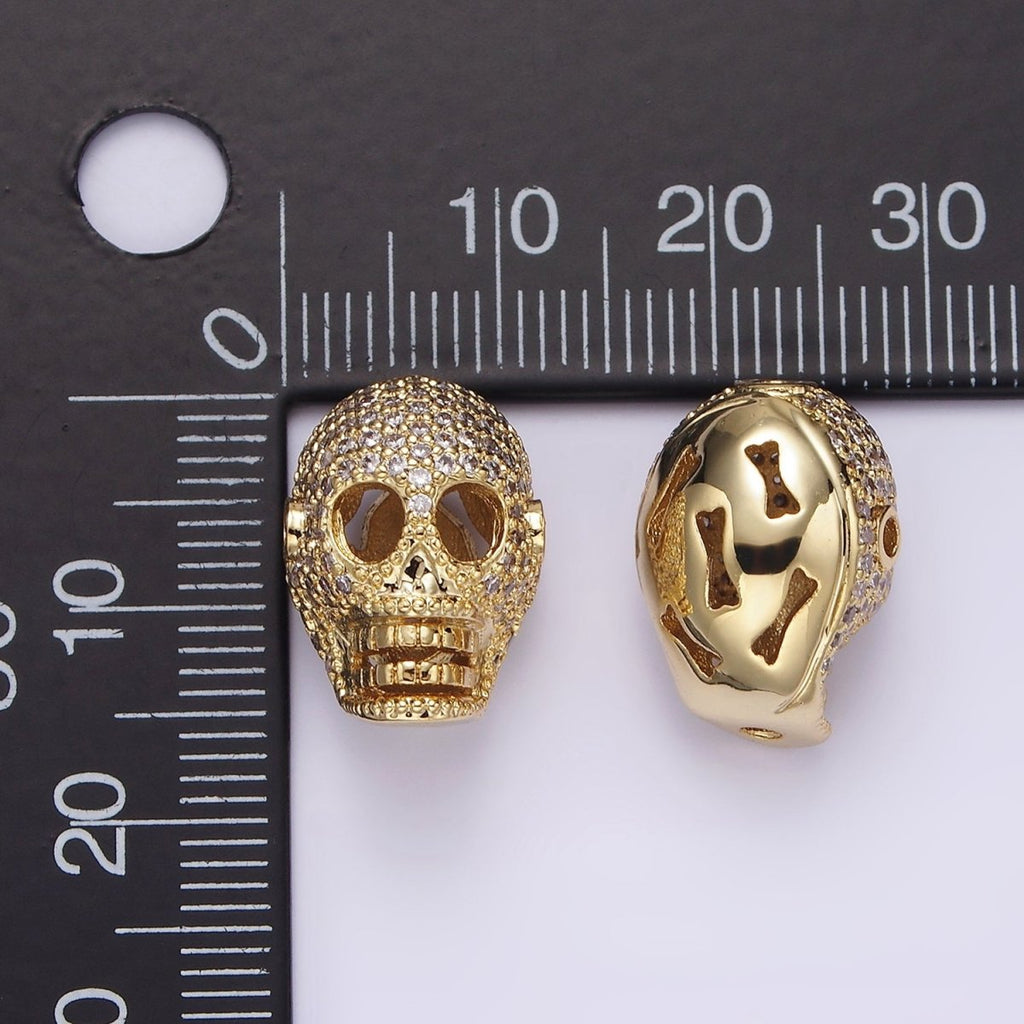 14K Gold plated 16mm Clear Micro Paved CZ Skeleton Skull Mask Bead in Gold & Silver | B-849 B-850 - DLUXCA
