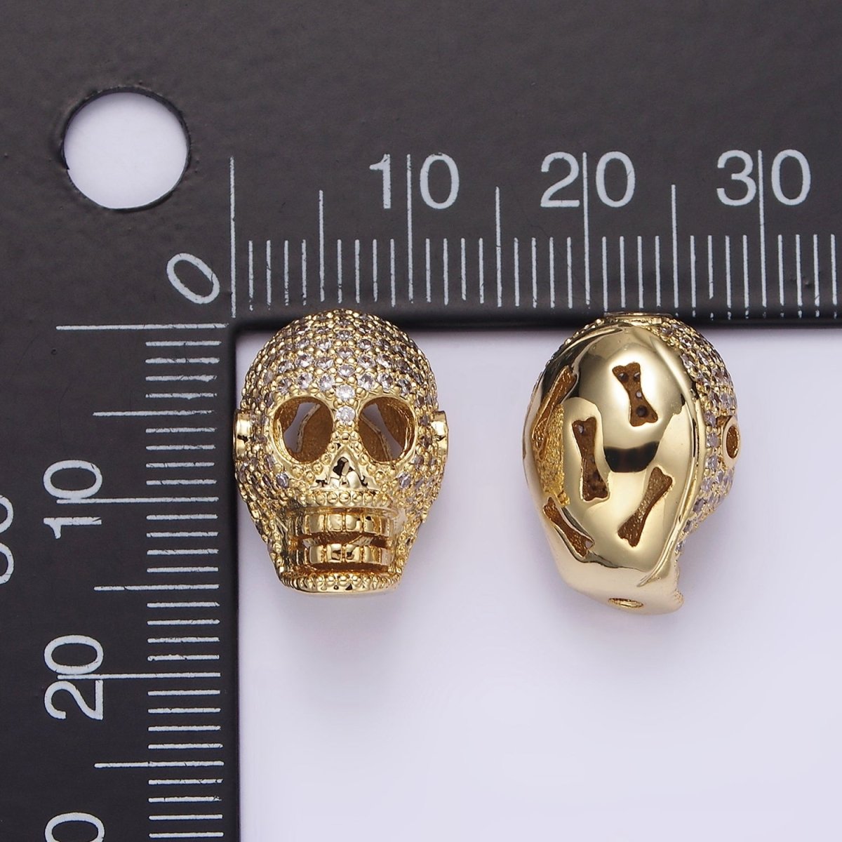 14K Gold plated 16mm Clear Micro Paved CZ Skeleton Skull Mask Bead in Gold & Silver | B-849 B-850 - DLUXCA