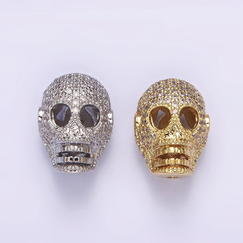 14K Gold plated 16mm Clear Micro Paved CZ Skeleton Skull Mask Bead in Gold & Silver | B-849 B-850 - DLUXCA