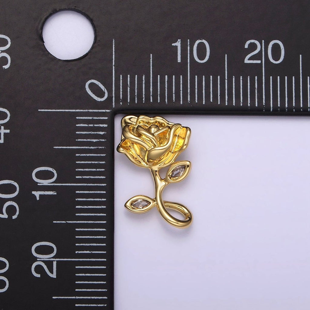 14K Gold plated 16mm Rose Flower CZ Leaf Open Loop Pendant | N1807 - DLUXCA