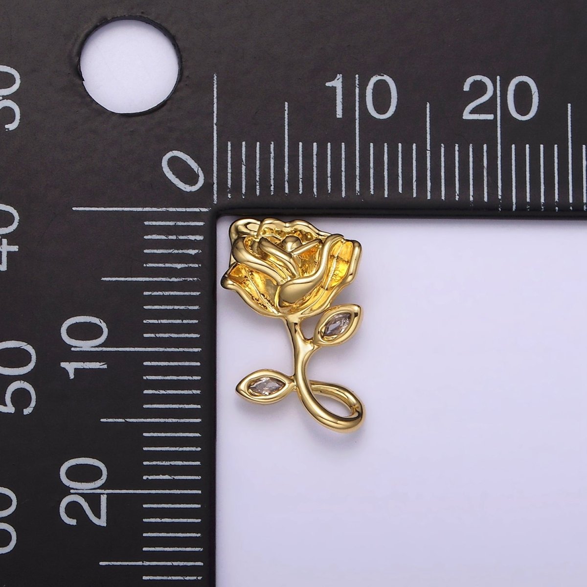 14K Gold plated 16mm Rose Flower CZ Leaf Open Loop Pendant | N1807 - DLUXCA