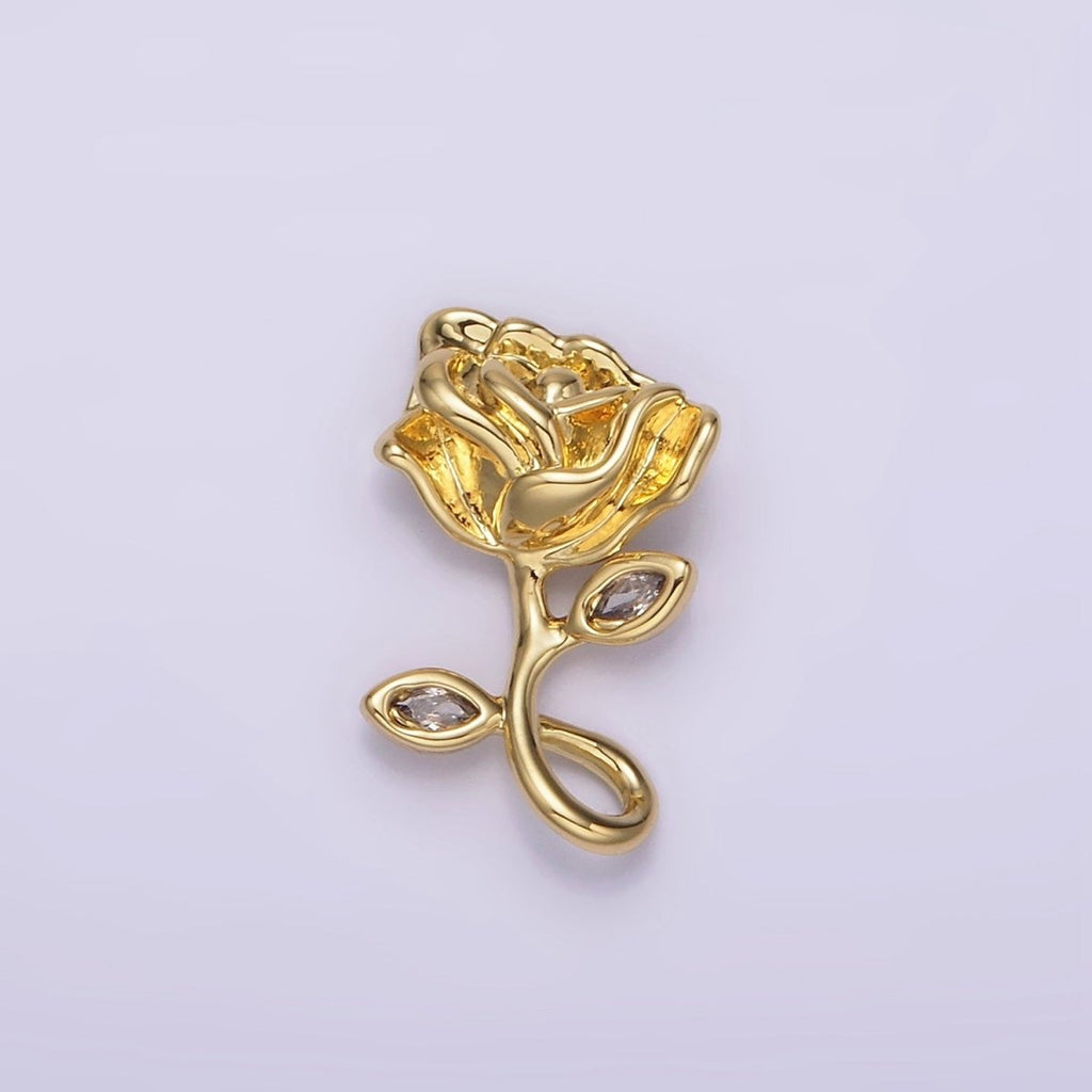 14K Gold plated 16mm Rose Flower CZ Leaf Open Loop Pendant | N1807 - DLUXCA