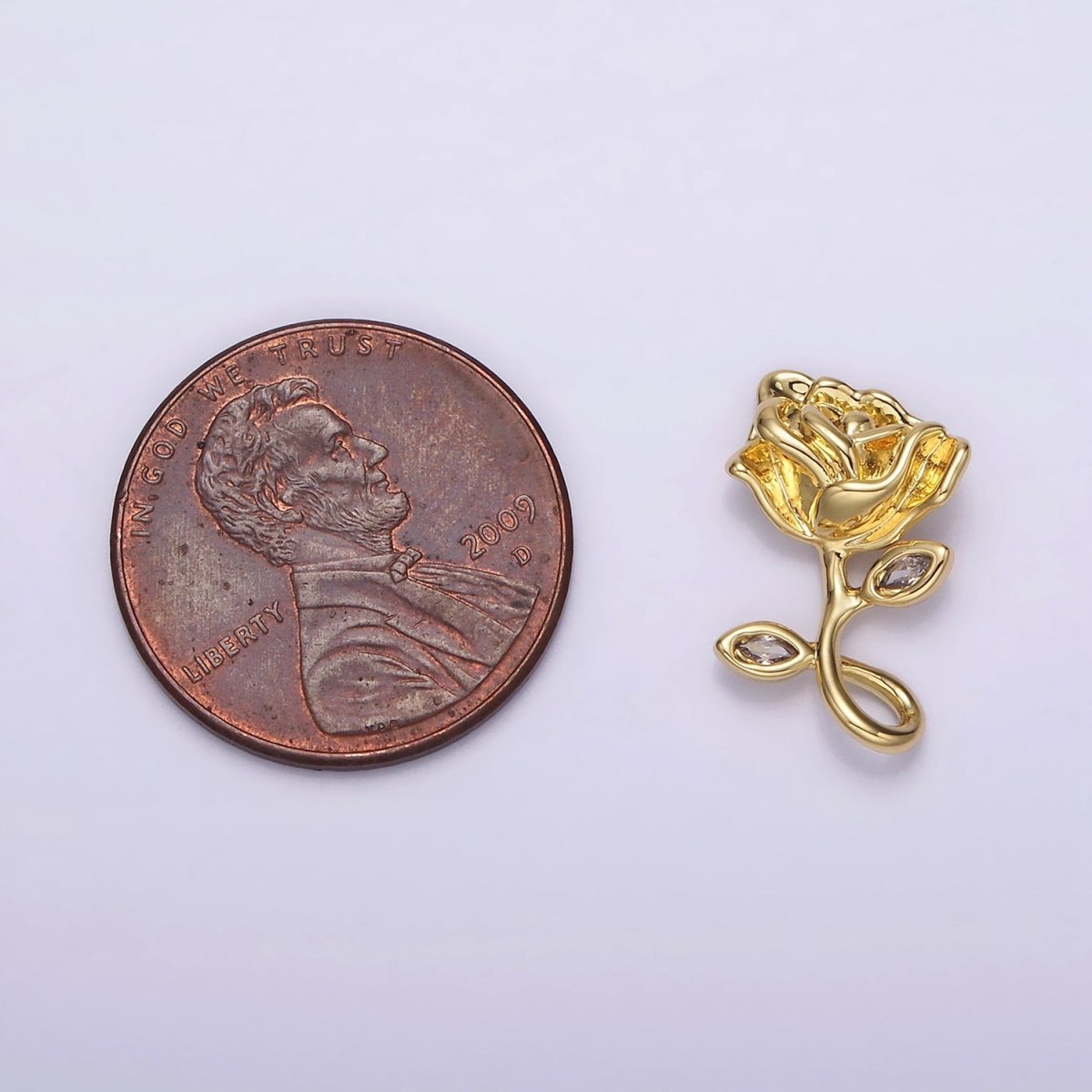 14K Gold plated 16mm Rose Flower CZ Leaf Open Loop Pendant | N1807 - DLUXCA