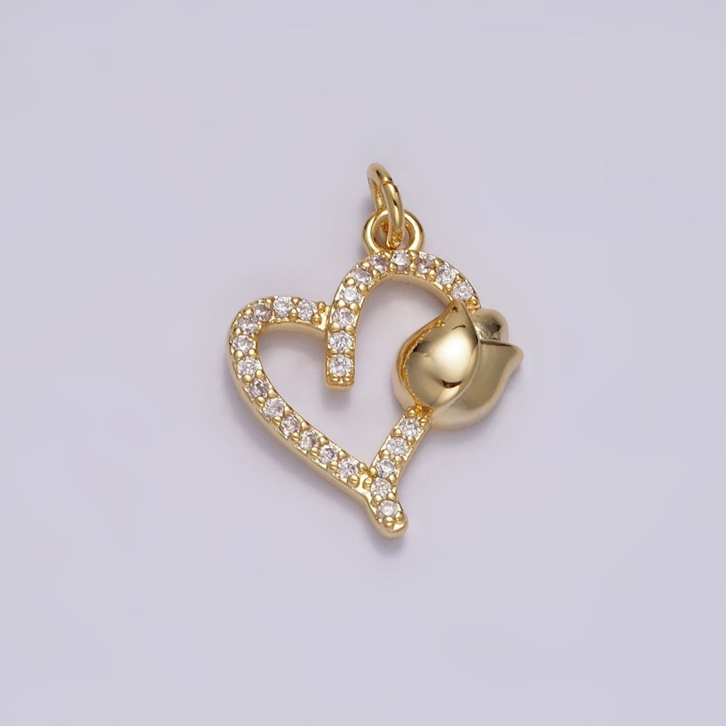 14K Gold plated 16mm Tulip Flower Open Micro Paved CZ Heart Charm | N1492 - DLUXCA