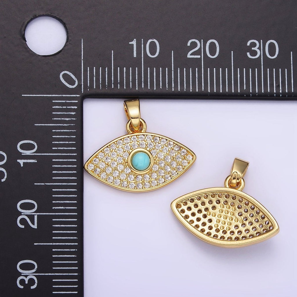 14K Gold plated 16mm Turquoise Micro Paved CZ Evil Eye Pendant | AH162 - DLUXCA