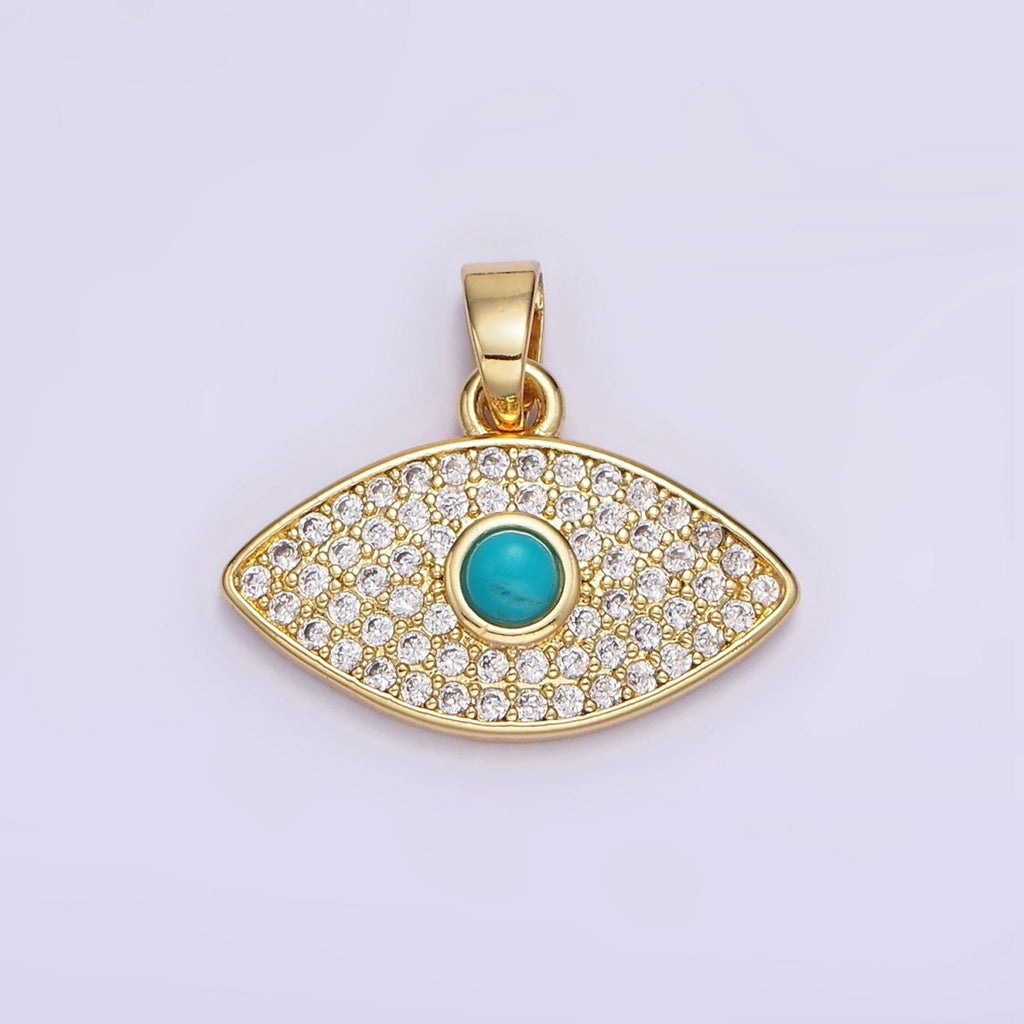14K Gold plated 16mm Turquoise Micro Paved CZ Evil Eye Pendant | AH162 - DLUXCA