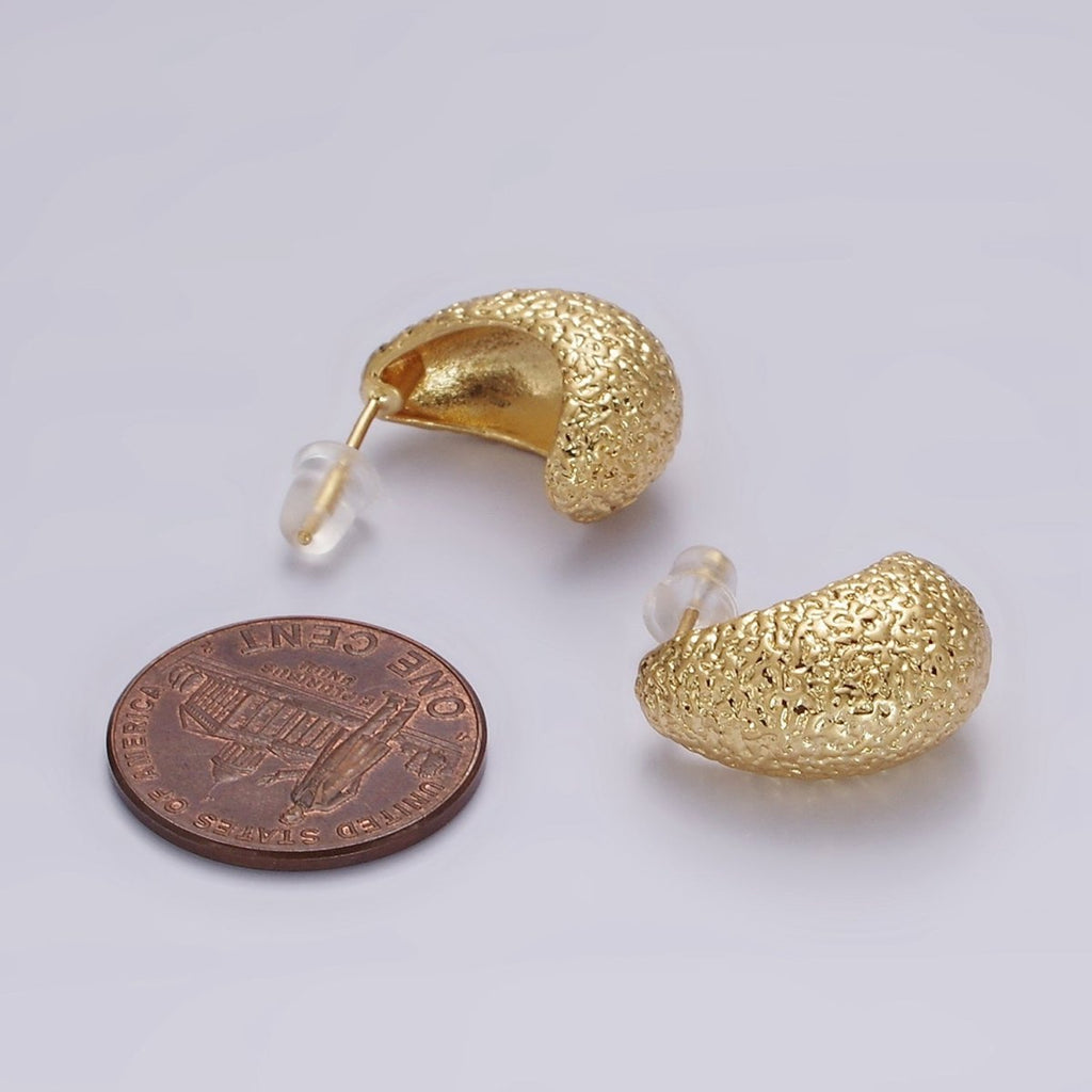 14K Gold plated 17.7mm J-Shaped Textured Dome Stud Earrings | V309 - DLUXCA