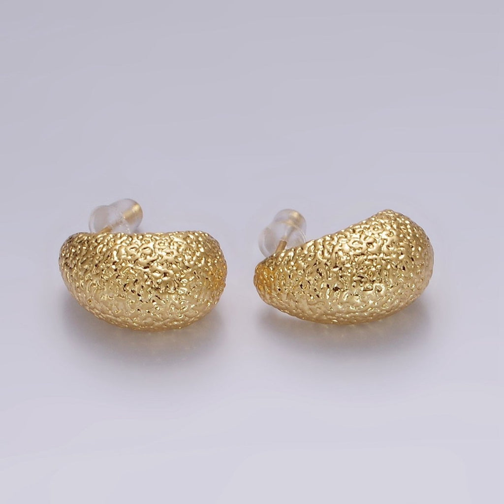 14K Gold plated 17.7mm J-Shaped Textured Dome Stud Earrings | V309 - DLUXCA