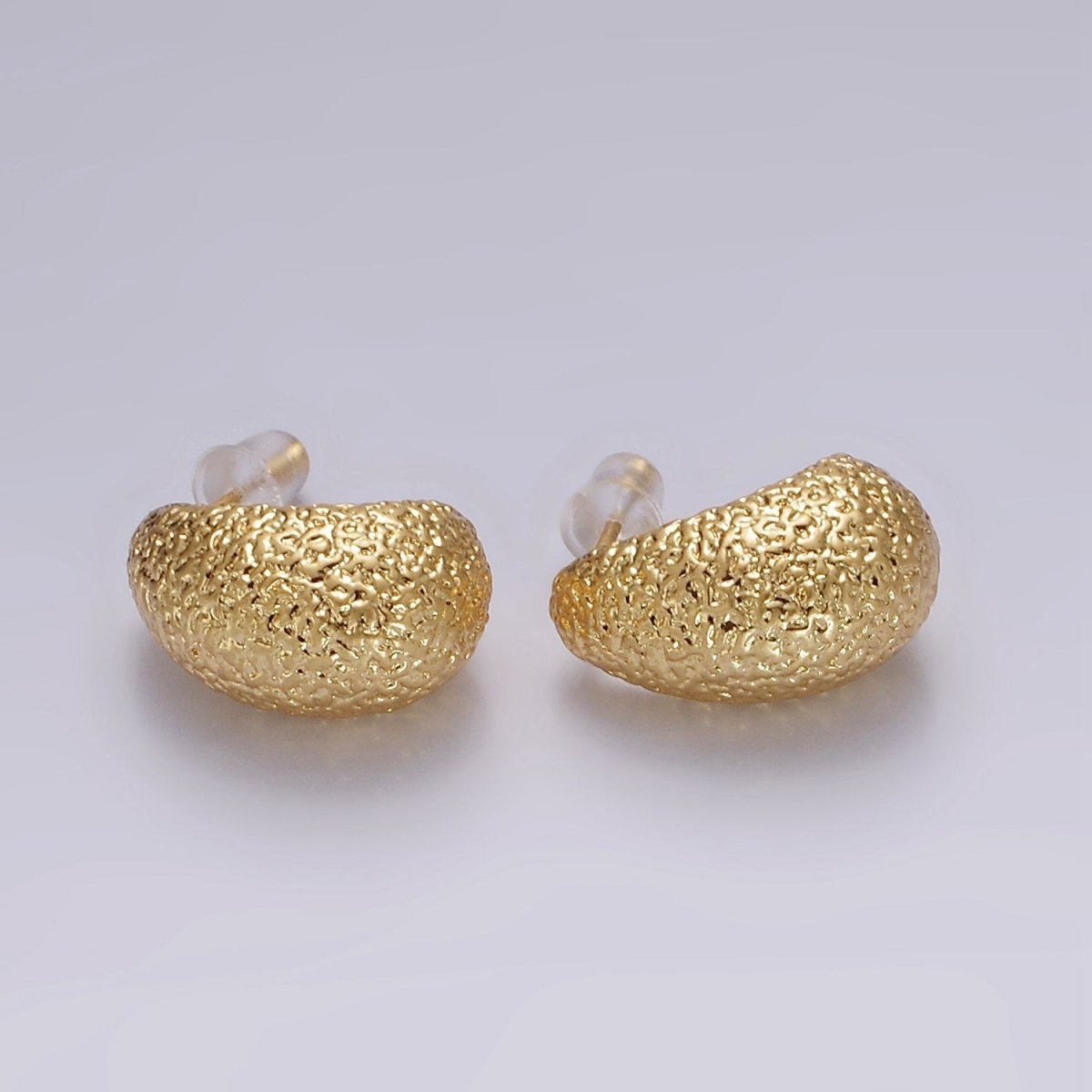 14K Gold plated 17.7mm J-Shaped Textured Dome Stud Earrings | V309 - DLUXCA