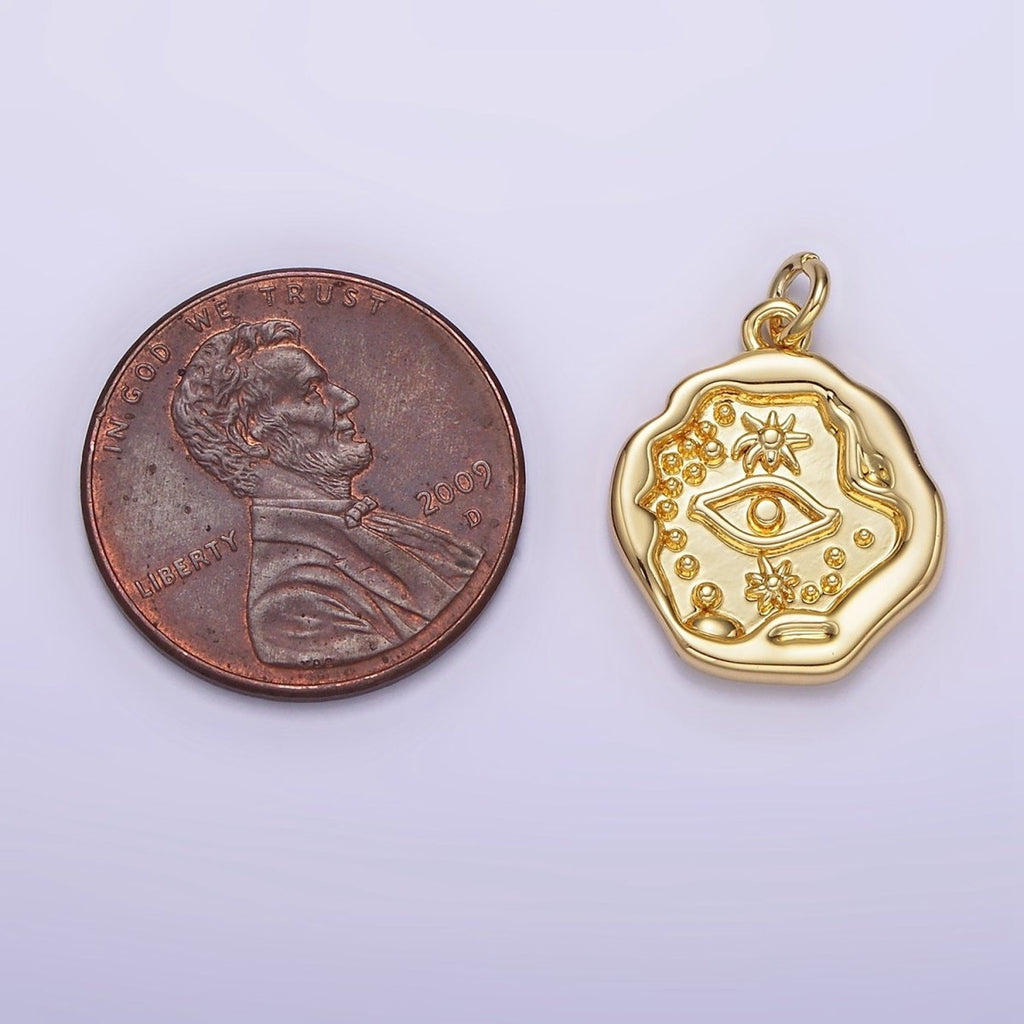 14K Gold plated 17mm Evil Eye Celestial Sun Dotted Stamped Abstract Round Charm | AG213 - DLUXCA