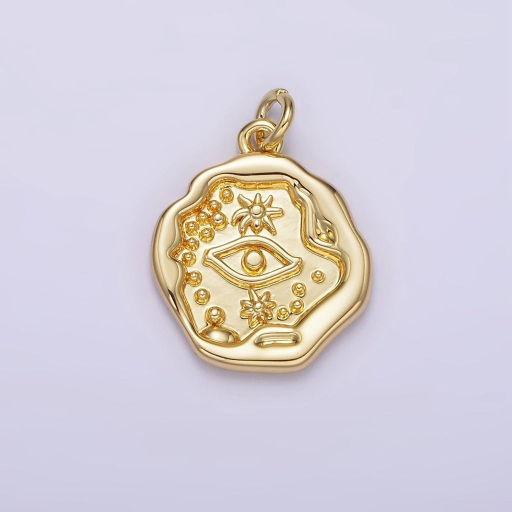 14K Gold plated 17mm Evil Eye Celestial Sun Dotted Stamped Abstract Round Charm | AG213 - DLUXCA