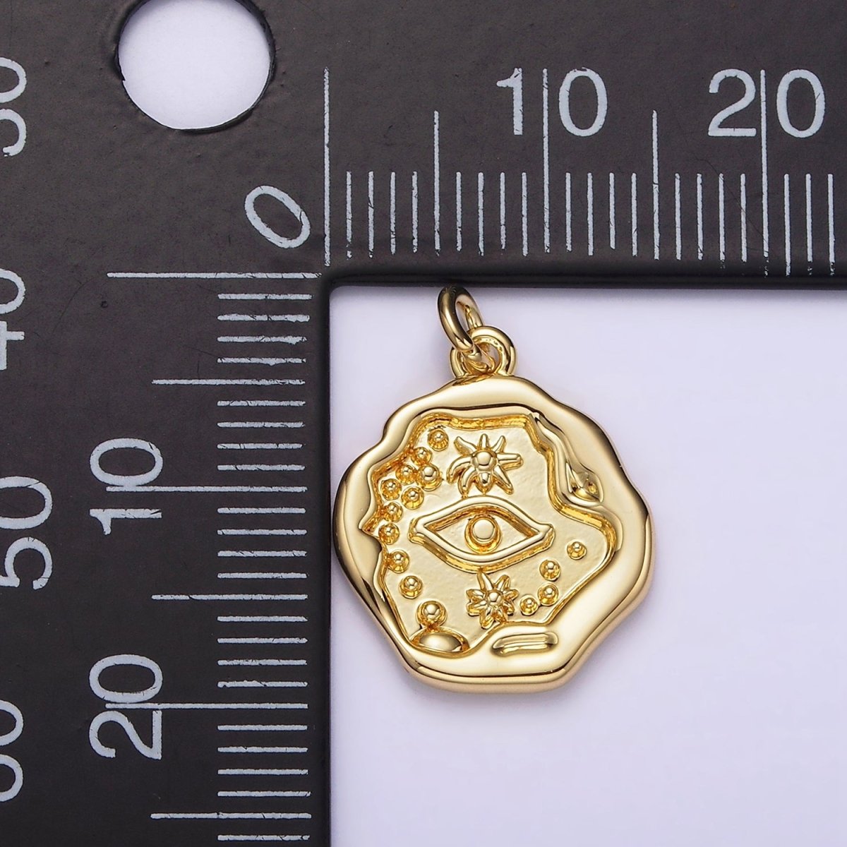 14K Gold plated 17mm Evil Eye Celestial Sun Dotted Stamped Abstract Round Charm | AG213 - DLUXCA