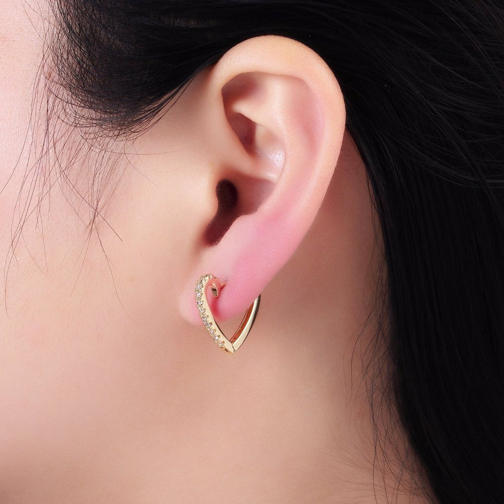 14K Gold plated 17mm Micro Paved CZ Heart Huggie Earrings | AB1326 - DLUXCA