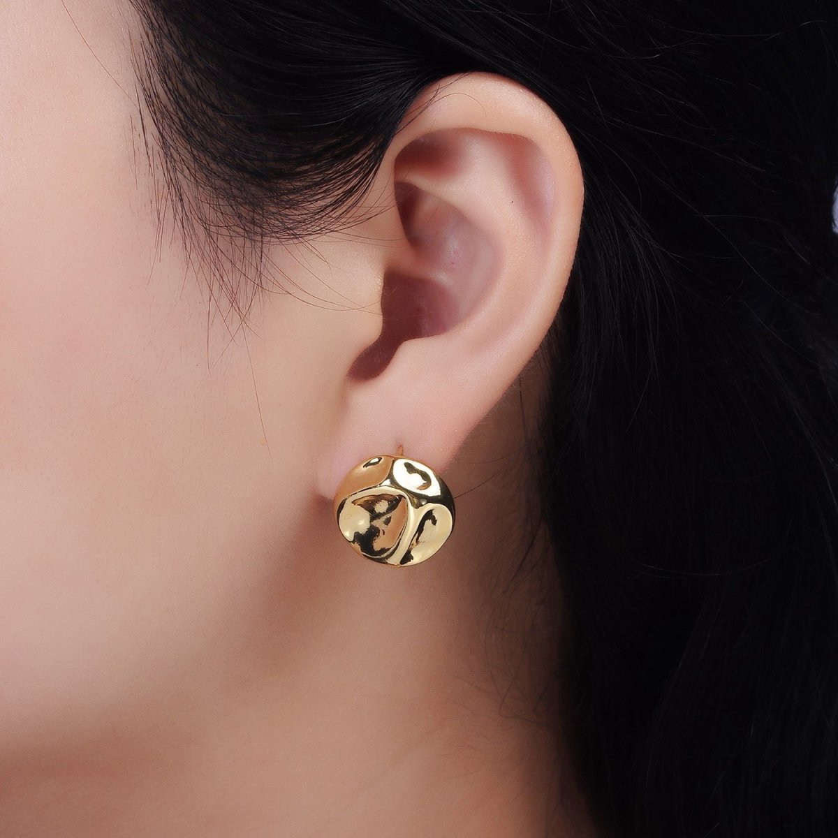 14K Gold plated 17mm Molten Hammered Round Stud Earrings | V239 - DLUXCA