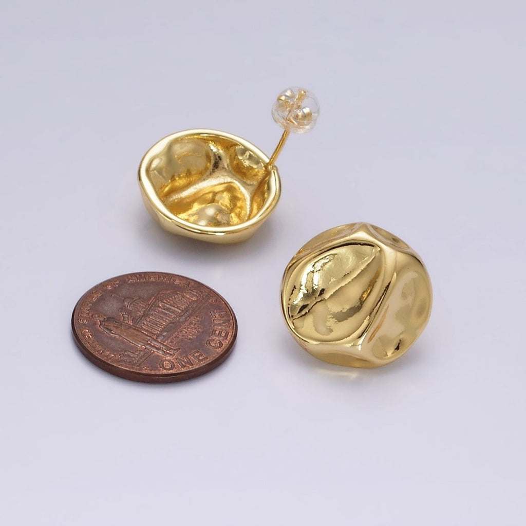 14K Gold plated 17mm Molten Hammered Round Stud Earrings | V239 - DLUXCA